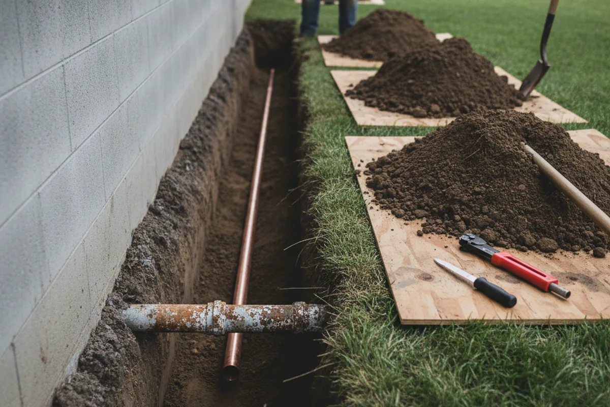 Excavated water line trench during Water Softener Installation in Pond Creek